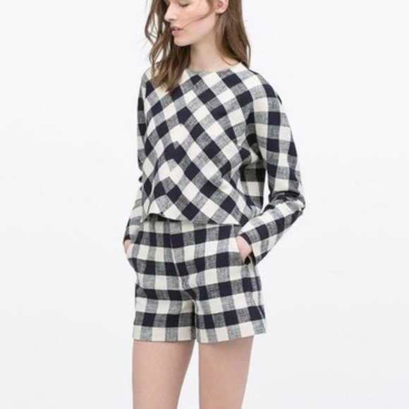 Zara Blue Gingham Buffalo Check Linen Crop Top - Picture 2 of 7